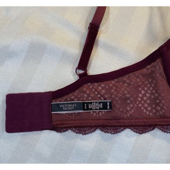 VICTORIA'S SECRET Very Sexy Crochet Lace Velvet Push-Up Bra 38D Burgundy - Picture 4 of 12